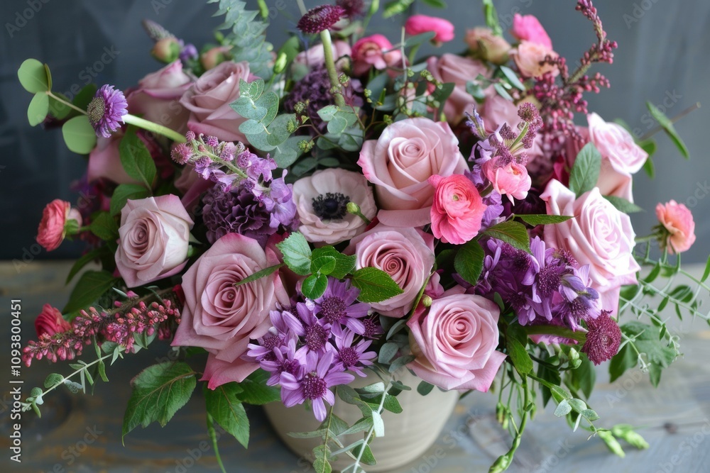 Beautiful flower arrangement with pink roses, purple chrysanthemums, and other blossoms, creating a romantic atmosphere Beautiful flower arrangement with pink roses, purple chrysanthemums, and other blossoms, creating a romantic atmosphere