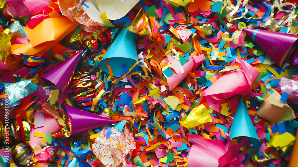 Obraz premium A vibrant birthday gift pile with colorful wrapping paper confetti and party hats scattered around.