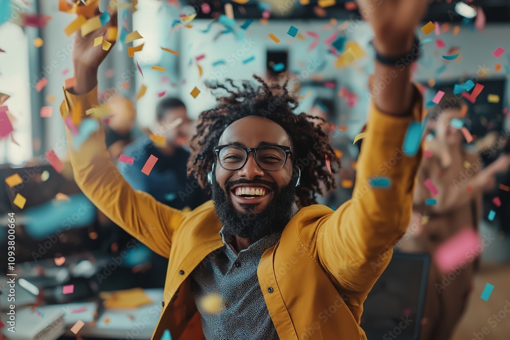 Joyful man celebrating in an office environment with colorful confetti falling around him, expressing happiness and positivity among colleagues Joyful man celebrating in an office environment with colorful confetti falling around him, expressing happiness and positivity among colleagues
