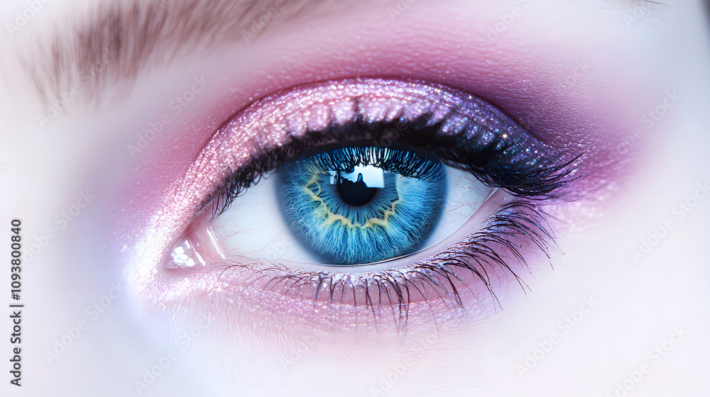 Obraz premium A striking violet and blue eye with soft pink highlights creating a dreamy effect.