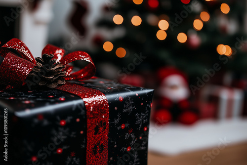 Festive christmas present with black wrapping, red glitter ribbon, and pine cone under a beautifully adorned tree with cozy lights