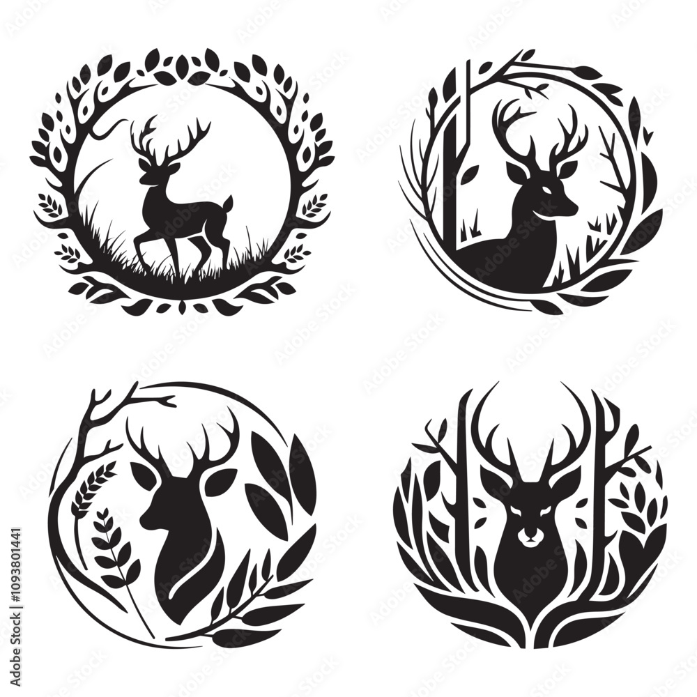 Obraz premium Minimalist Black and White Silhouette of Stylized Deer with Antlers and Abstract Nature Elements in Circular Composition