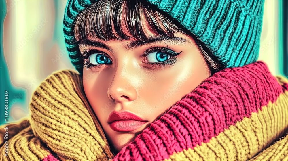 Cozy Winter Portrait of a Young Woman in a Chunky Knit Scarf and Hat: Perfect for a Warm, Inviting Poster in a Home or Sports Interior Cozy Winter Portrait of a Young Woman in a Chunky Knit Scarf and Hat: Perfect for a Warm, Inviting Poster in a Home or Sports Interior