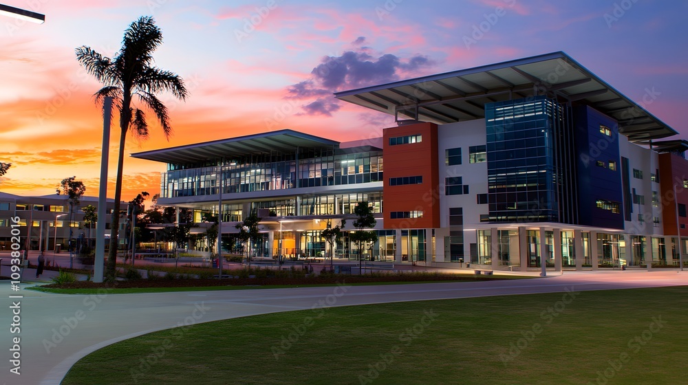 Fototapeta premium Modern building illuminated at sunset with palm trees and landscaped grounds.