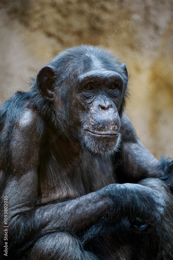 Old monkey portrait of a chimpanzee in captivity.
Old monkey portrait of a chimpanzee in captivity.