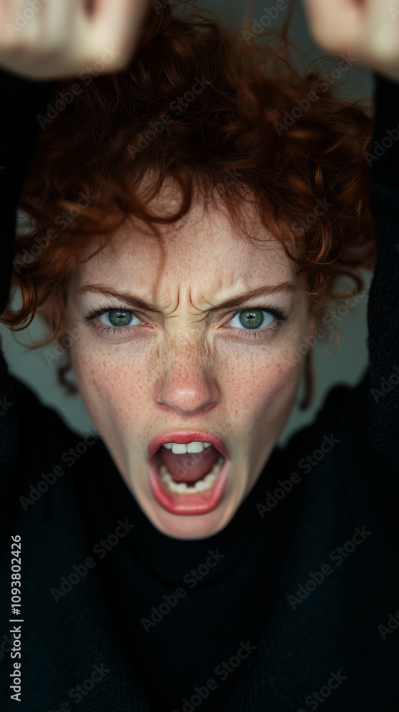 Close-up of furious redhead woman with freckles screaming and pulling her hair in anger Close-up of furious redhead woman with freckles screaming and pulling her hair in anger