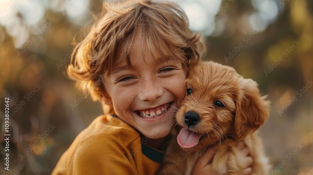 Young Boy with Wide Grin Receiving Playful Puppy Young Boy with Wide Grin Receiving Playful Puppy