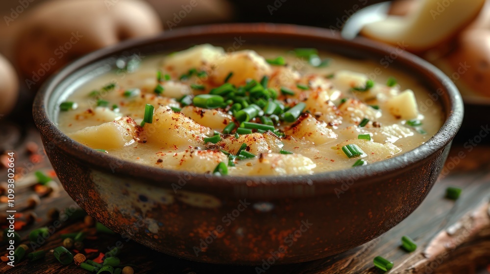 A hearty bowl of creamy Irish potato and leek soup with fresh herbs garnish A hearty bowl of creamy Irish potato and leek soup with fresh herbs garnish