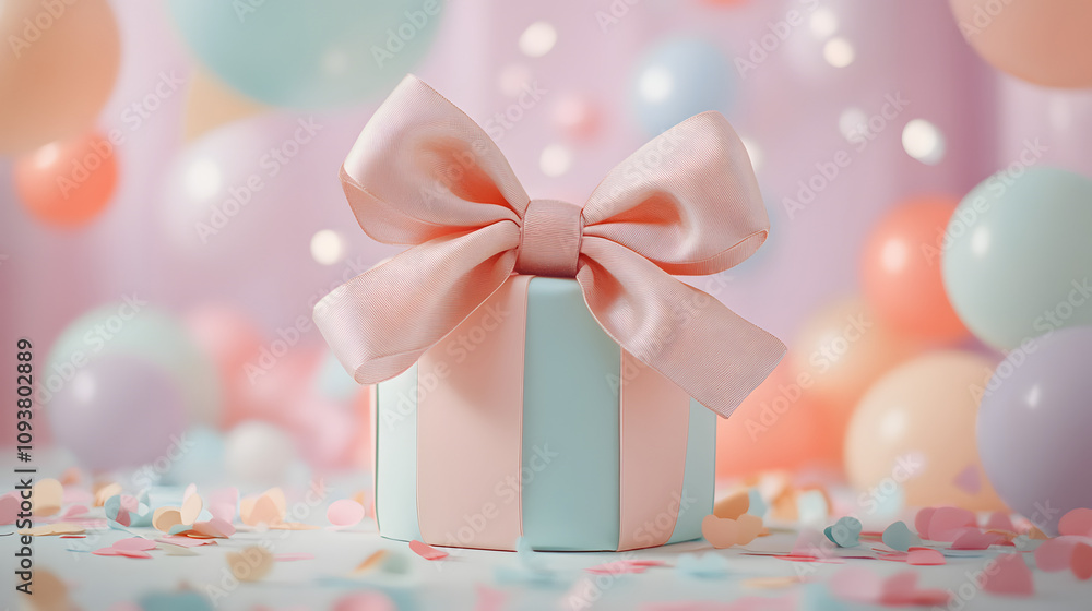 A whimsical pastel gift box adorned with a giant bow and confetti scattered around. A whimsical pastel gift box adorned with a giant bow and confetti scattered around.