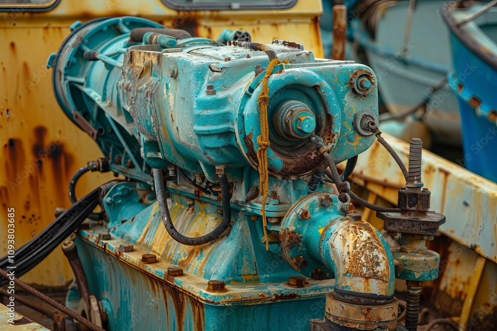 Close up of a weathered and rusty marine engine, highlighting the effects of time and saltwater exposure Close up of a weathered and rusty marine engine, highlighting the effects of time and saltwater exposure
