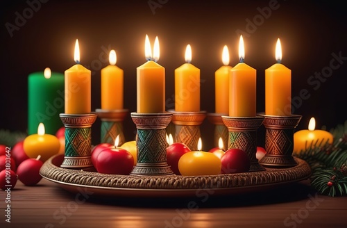 Kwanzaa Holiday celebration. Green, yellow candles, pine branch. December Traditional African Festival. African heritage. Blurred background. African Americans remember, respect their roots photo