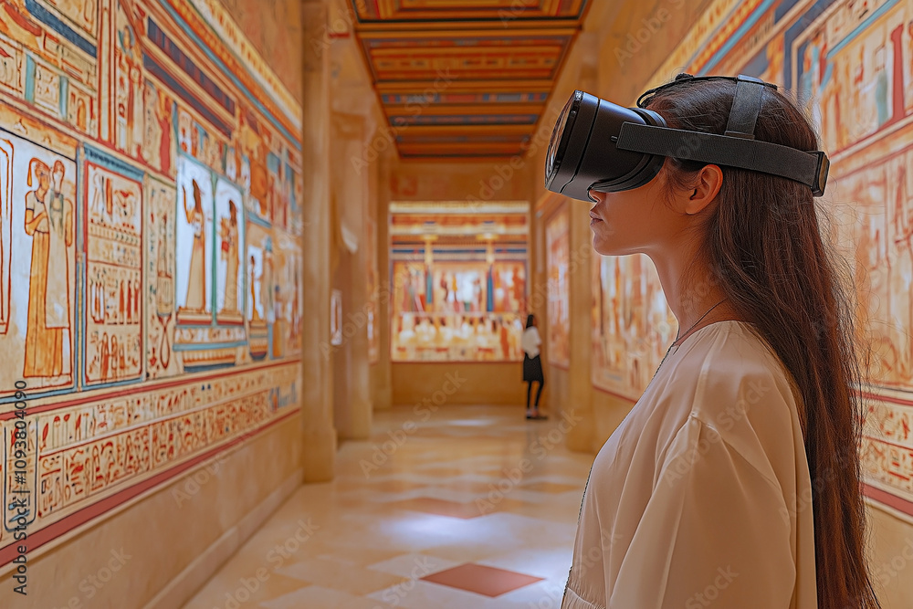 Woman exploring ancient Egyptian artwork in a museum using VR headset. Concept of technology merging with history and cultural discovery. Woman exploring ancient Egyptian artwork in a museum using VR headset. Concept of technology merging with history and cultural discovery.