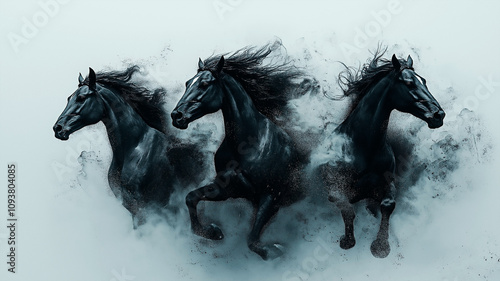 Three majestic black horses galloping through mist and smoke. Concept of power, freedom, and untamed spirit.