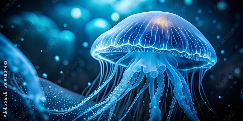 Captivating Blue Jellyfish Glowing in the Dark with Tilt-Shift Photography Technique, Creating a Dreamlike Underwater Scene for Nature Lovers and Aquatic Enthusiasts Captivating Blue Jellyfish Glowing in the Dark with Tilt-Shift Photography Technique, Creating a Dreamlike Underwater Scene for Nature Lovers and Aquatic Enthusiasts