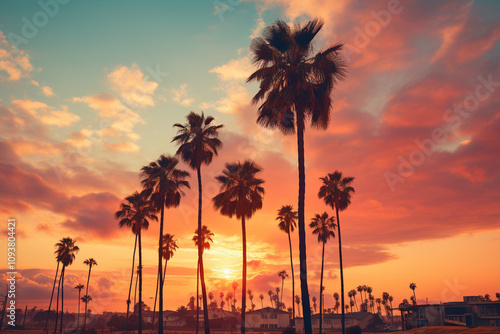 palm trees against a sunset sky 