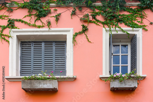 Beautiful pink facade on a second floor with windows and flowers in Argentina.  photo