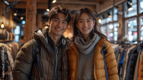 Young Asian Couple Smiling While Shopping in Modern Retail Store