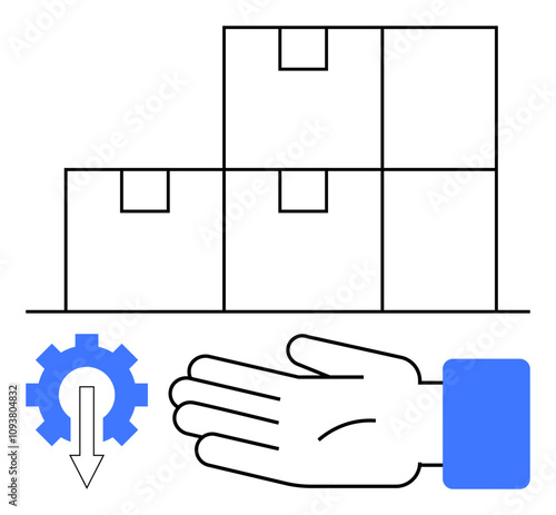 Hand, gear with downward arrow, stacked boxes. Ideal for logistics, supply chain, packaging, storage, automation efficiency productivity. Line metaphor