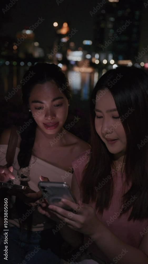 Two asian friends laughing and using smartphones in Benjakitti Park at night in Bangkok Two asian friends laughing and using smartphones in Benjakitti Park at night in Bangkok