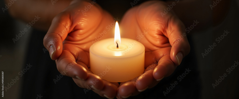 Hands holding burning candle in darkness Hands holding burning candle in darkness