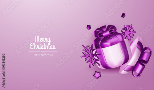 Happy New Year and Merry Christmas. Christmas holiday background with realistic 3d objects, violet and white bauble balls, conical metal stars, gift. Levitation falling design composition.