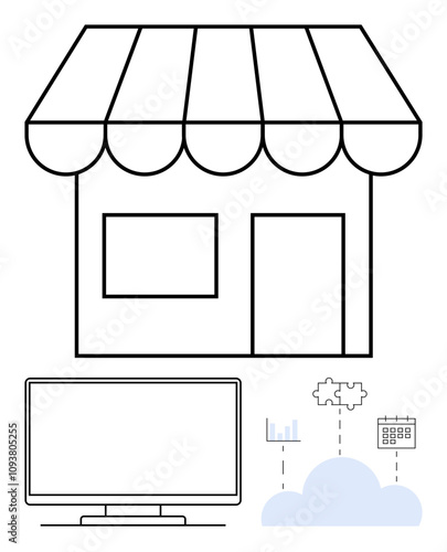Shopfront with awning representing business, monitor and cloud showcasing digital solutions, puzzle piece for problem-solving, bar graph for analytics, and calendar for scheduling. Ideal for business