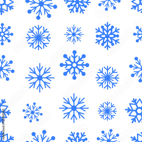 Blue snowflakes of various sizes set against a white background in a seamless pattern. The design has a festive and wintery concept. Vector illustration