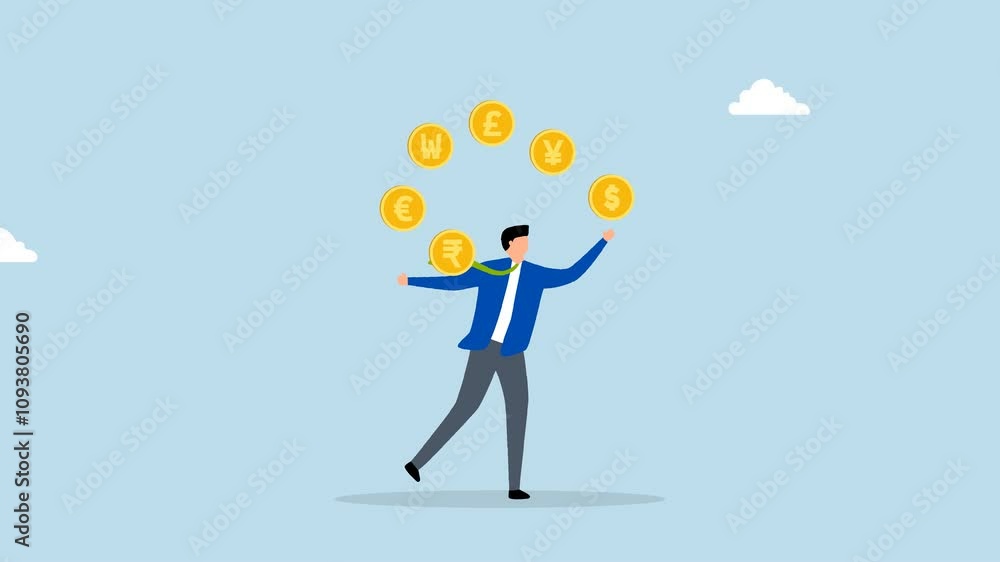 Currency exchange, 4k animation of wealthy businessman managing multiple foreign currency coins. Currency exchange, 4k animation of wealthy businessman managing multiple foreign currency coins.