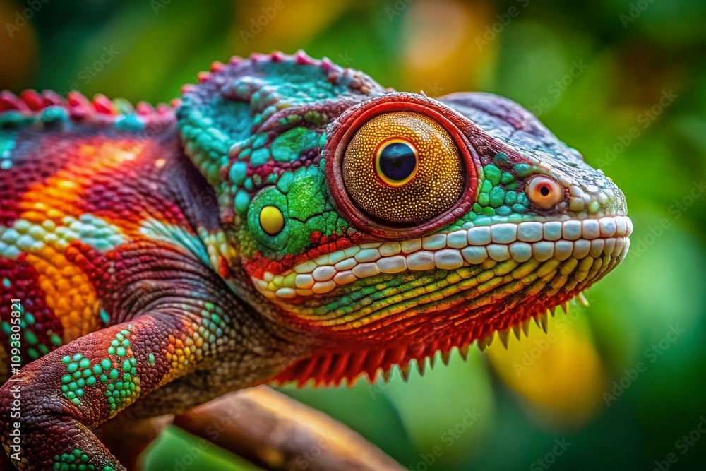 Fototapeta premium Captivating Close-Up of a Panther Chameleon Perched on a Branch, Showcasing Its Vibrant Colors and Intricate Details in a Natural Habitat Setting