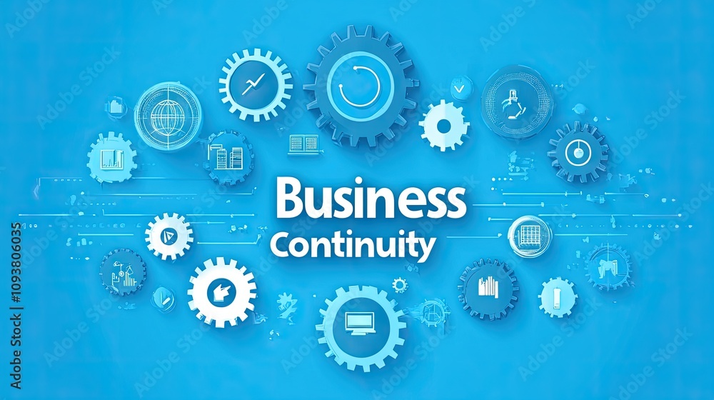 Blue Background with Business Continuity Concept Featuring Gears, Icons, and Graphs Illustrating Strategies for Operational Resilience and Risk Management in Business Environments Blue Background with Business Continuity Concept Featuring Gears, Icons, and Graphs Illustrating Strategies for Operational Resilience and Risk Management in Business Environments