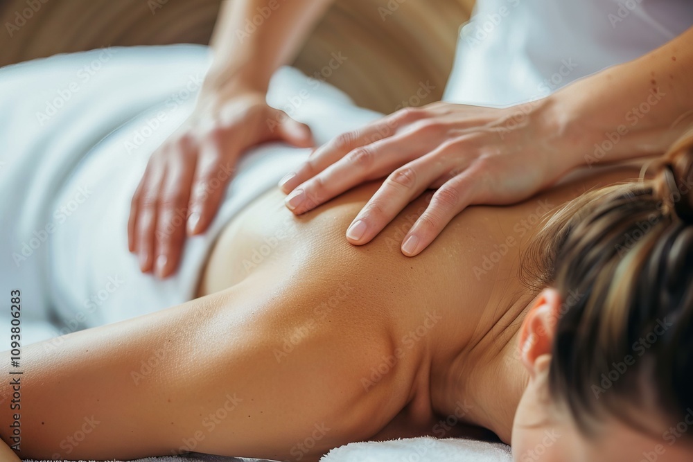 Fototapeta premium Masseuse applying massage oil on woman's back at luxury spa