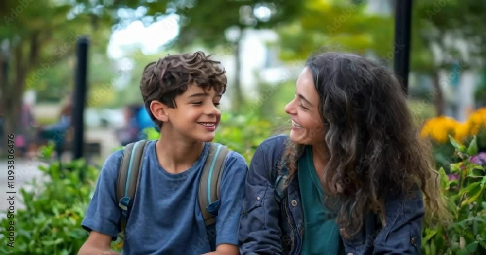 Mother and son smiling together outdoors in a park Mother and son smiling together outdoors in a park
