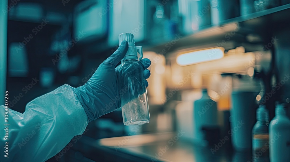 Close-Up of a Laboratory Hand in a Glove Holding a Clear Sample Bottle in a Biochemical Research Environment with Shelves Filled with Laboratory Equipment