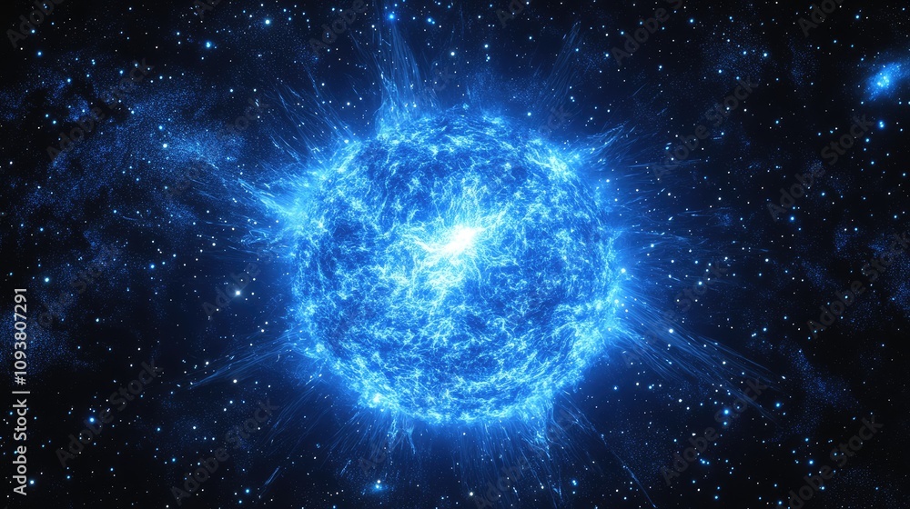 Obraz premium Stunning View of a Bright Blue Star Surrounded by Cosmic Energy and Twinkling Stars Against a Dark Background in a Vast Universe of Mystical Beauty