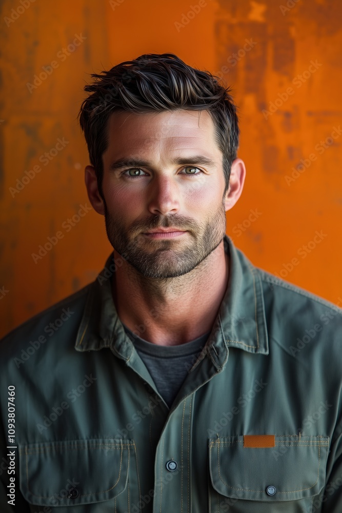 Obraz premium Portrait of confident male worker with short brown hair and beard posing against orange wall