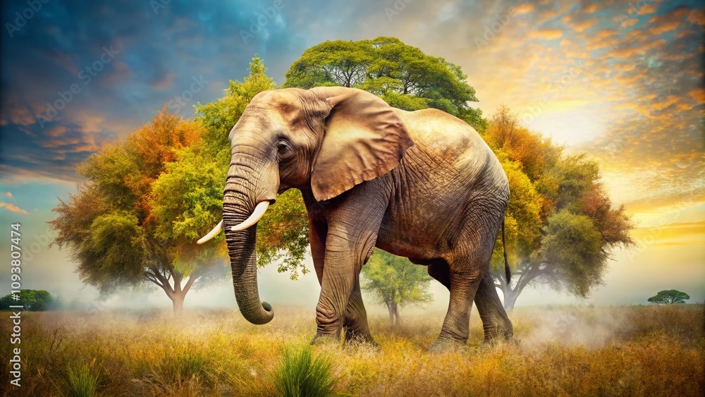 Fototapeta premium Captivating Double Exposure of a Young Elephant in the Bush Blending with Nature's Elements, Showcasing the Beauty of Wildlife and Landscape Harmony