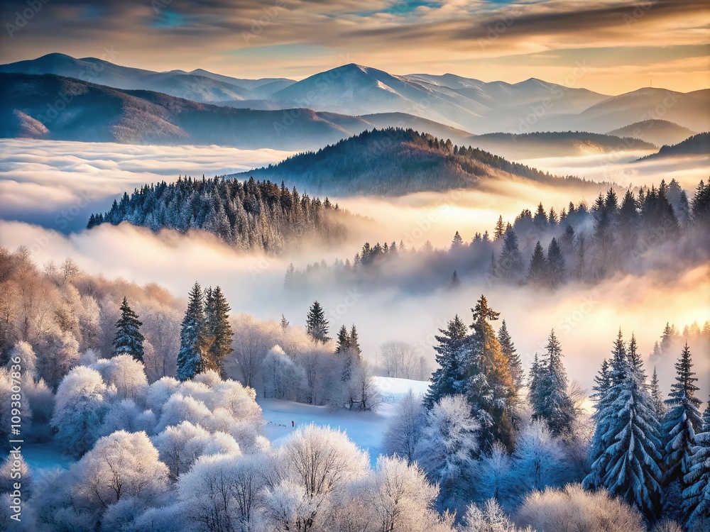 Captivating Double Exposure of Winter Foggy Landscape in the Beski Sadecki Mountain Range, Evoking Serenity and Mystery Amidst Nature's Beauty Captivating Double Exposure of Winter Foggy Landscape in the Beski Sadecki Mountain Range, Evoking Serenity and Mystery Amidst Nature's Beauty