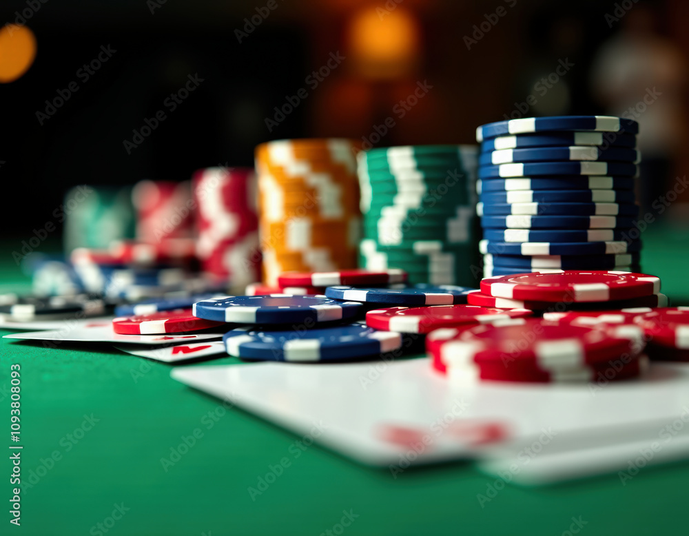 Close-up image of vibrant poker chips and playing cards arranged on a green casino table. Perfect for themes of gambling, strategy, and risk in a casino setting. Close-up image of vibrant poker chips and playing cards arranged on a green casino table. Perfect for themes of gambling, strategy, and risk in a casino setting.