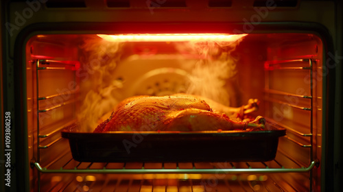 Golden brown turkey roasting in a hot oven, releasing aromatic steam, ideal for a festive fall meal photo