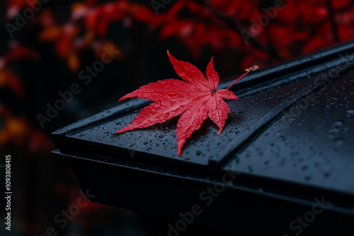 Capturing the essence of a rainy autumn day: vibrant red maple leaf with water droplets on a dark, wet surface