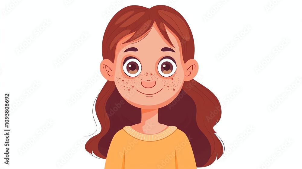 Cartoon girl with brown hair and freckles smiles at the camera. Cartoon girl with brown hair and freckles smiles at the camera.