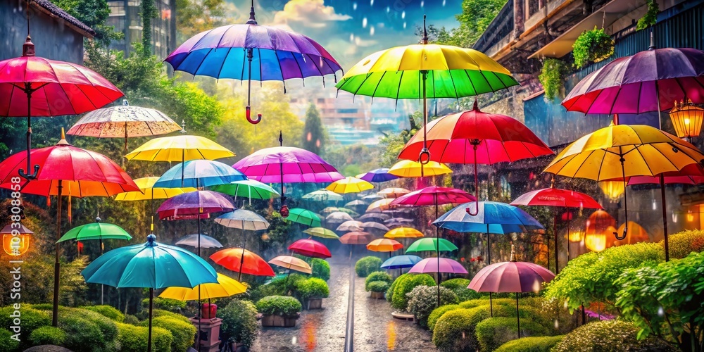 Captivating Double Exposure Photography of Colorful Umbrellas in the Rain with a Blend of Urban Landscapes and Nature, Evoking a Dreamlike Atmosphere and Vibrant Colors Captivating Double Exposure Photography of Colorful Umbrellas in the Rain with a Blend of Urban Landscapes and Nature, Evoking a Dreamlike Atmosphere and Vibrant Colors