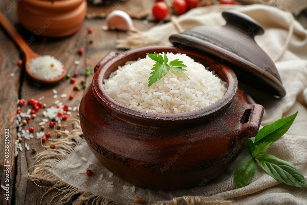 Aromatic long grain white rice is steaming in a rustic clay pot, garnished with fresh parsley, embodying culinary tradition and wholesome eating Aromatic long grain white rice is steaming in a rustic clay pot, garnished with fresh parsley, embodying culinary tradition and wholesome eating