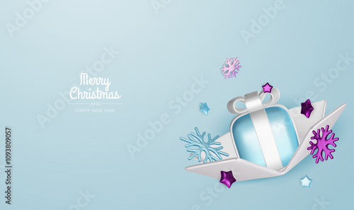 Happy New Year and Merry Christmas. Christmas holiday background with realistic 3d objects, violet and white bauble balls, conical metal stars, gift. Levitation falling design composition.