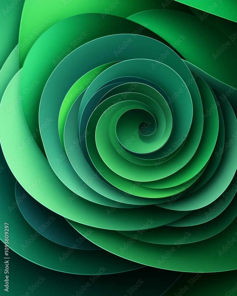Vibrant green spiral abstract background with gradient layered paper textures creating a sense of depth and movement in design