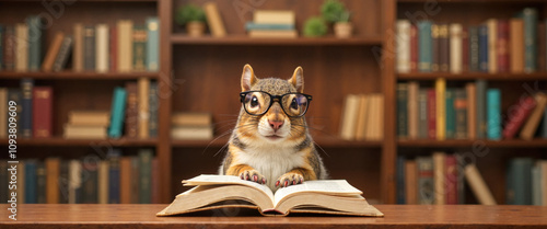 Studious squirrel reading in cozy library, anthropomorphic concept
