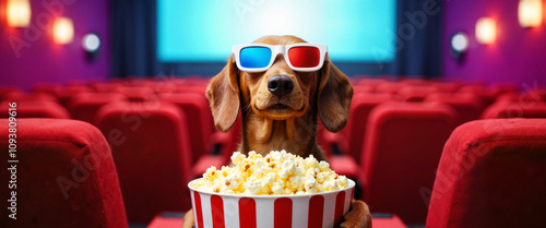 Dachshund with 3D glasses at movie theater, animal as human concept