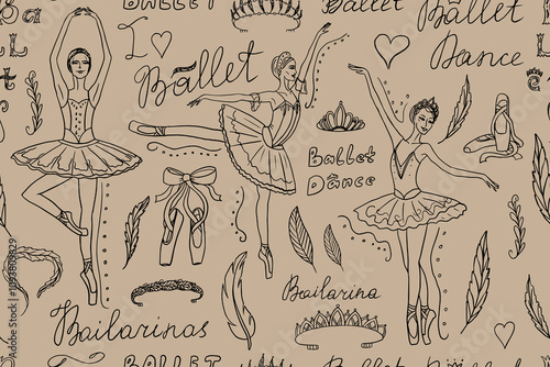 Beautiful seamless pattern of ballet themes in doodle style. Ballerina. Dance. Grace, pointe shoes, pointe, ballet tutu, feather, diadem, tiara, coronet, swan lake. Hand drawn