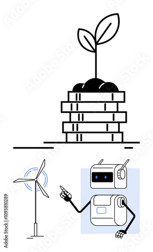 Robot pointing at wind turbine, stack of coins with sprouting plant. Ideal for renewable energy, technology, automation, growth, sustainability, economic development, eco-friendly practices. Line