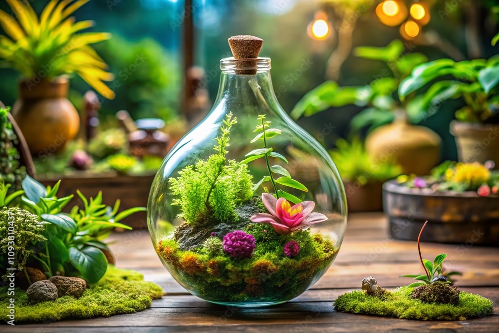 Captivating Fashion Photography of a Bottle Terrarium Featuring Lush Plants and Moss for Eco-Friendly Home Decor Inspiration Captivating Fashion Photography of a Bottle Terrarium Featuring Lush Plants and Moss for Eco-Friendly Home Decor Inspiration